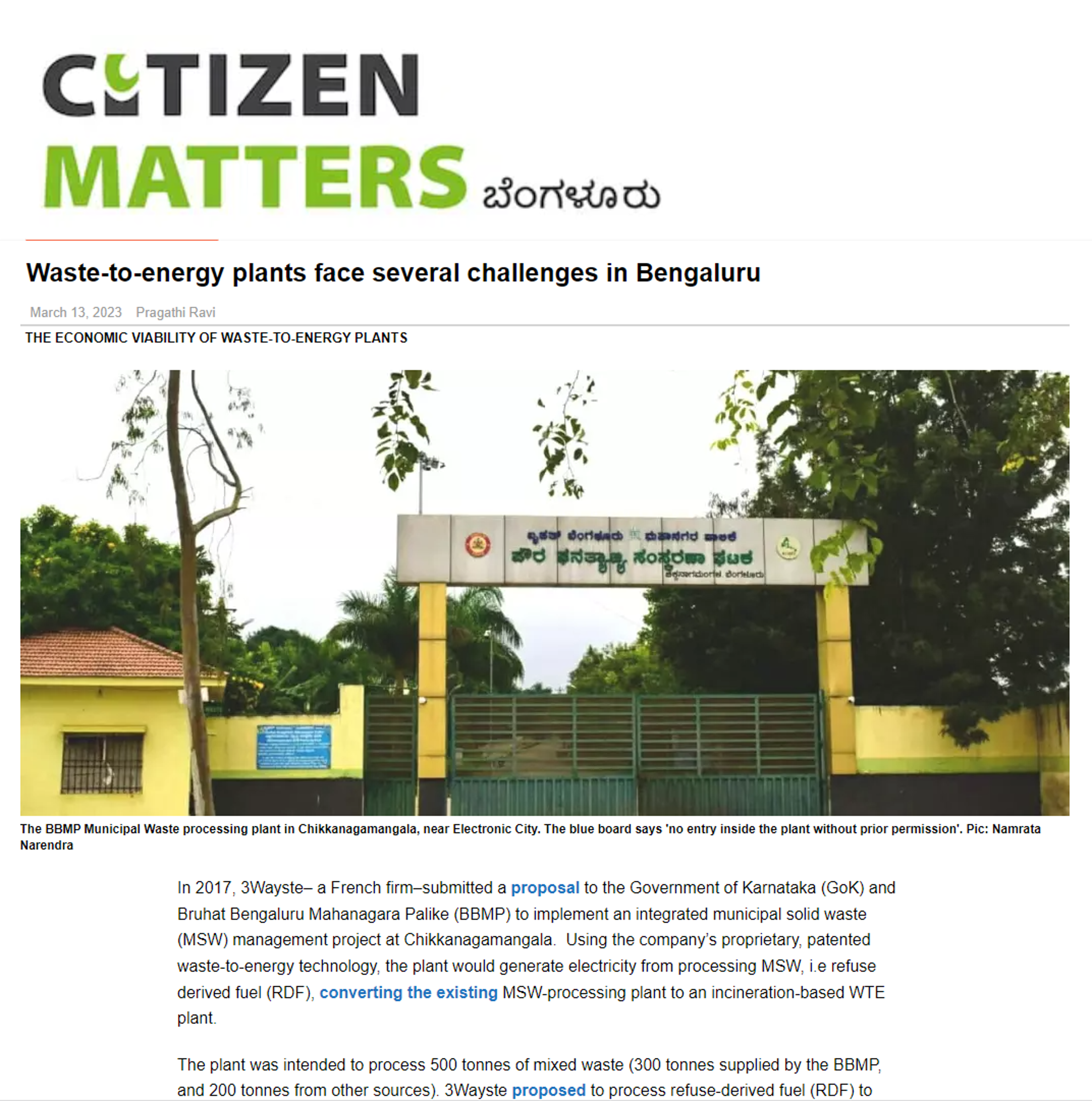 Dr Suresh NS quoted by Citizen Matters on challenges faced by Bengaluru waste-to-energy plants